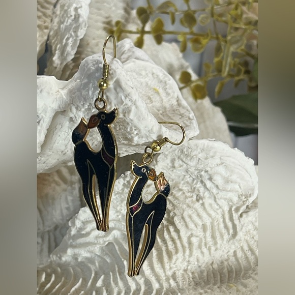 Vintage Black and Gold Dog Earrings Genuine Cloisonne - Picture 2 of 7